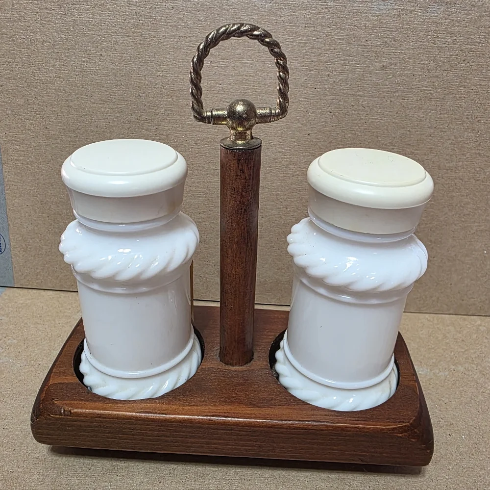 Vtg Hazel Atlas Milk Glass Salt Pepper Shakers W Stand #177